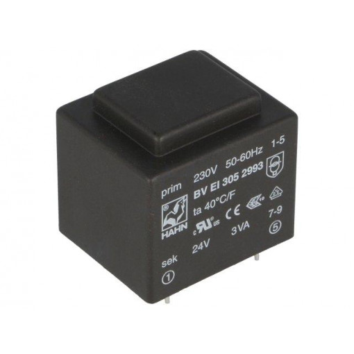 BV EI 305 2993; Transformer: encapsulated; 3VA; 230VAC; 24V; 125mA; Mounting: PCB; HAHN