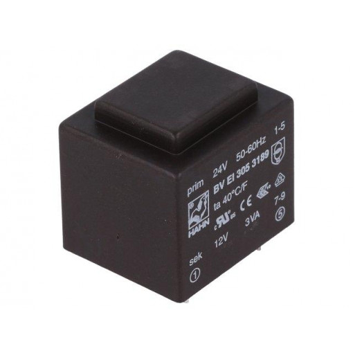 BV EI 305 3189; Transformer: encapsulated; 3VA; 24VAC; 12V; 250mA; Mounting: PCB; HAHN BV EI 305 3189; Transformer: encapsulated; 3VA; 24VAC; 12V; 250mA; Mounting: PCB; HAHN