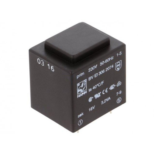 BV EI 306 2074; Transformer: encapsulated; 3.2VA; 230VAC; 18V; 178mA; Mounting: PCB; HAHN