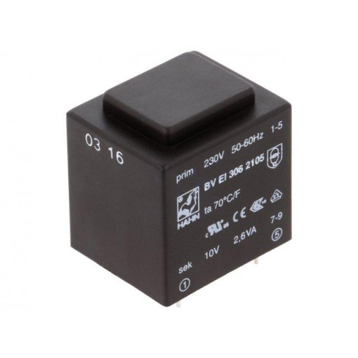 BV EI 306 2105; Transformer: encapsulated; 2.6VA; 230VAC; 10V; 260mA; Mounting: PCB; HAHN