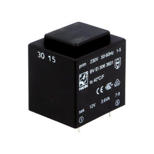 BV EI 306 3601; Transformer: encapsulated; 3.6VA; 230VAC; 12V; 300mA; Mounting: PCB; HAHN