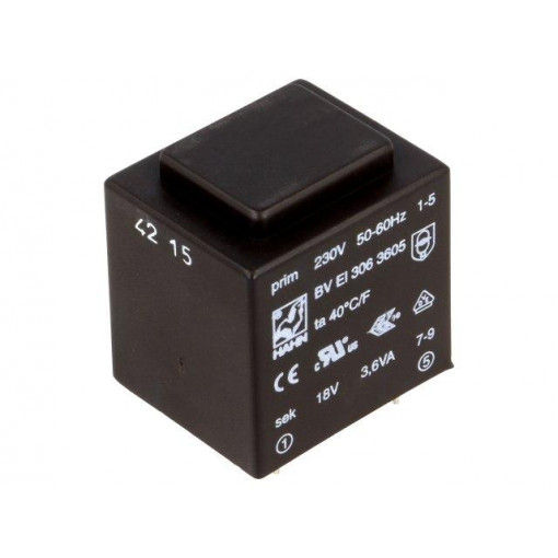 BV EI 306 3605; Transformer: encapsulated; 3.6VA; 230VAC; 18V; 200mA; Mounting: PCB; HAHN