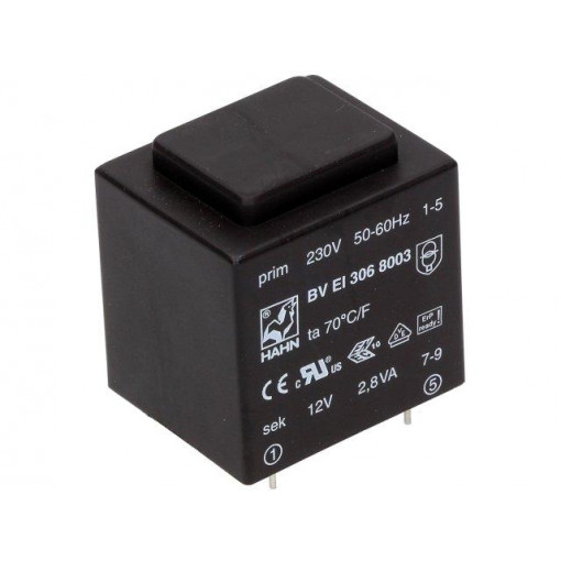 BV EI 306 8003; Transformer: encapsulated; 2.8VA; 230VAC; 12V; 233mA; Mounting: PCB; HAHN