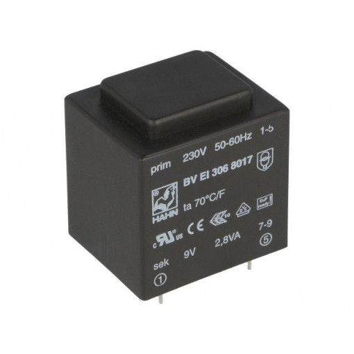 BV EI 306 8017; Transformer: encapsulated; 2.8VA; 230VAC; 9V; 311mA; Mounting: PCB; HAHN