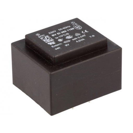 BV EI 382 1189; Transformer: encapsulated; 4.5VA; 230VAC; 9V; 500mA; Mounting: PCB; HAHN