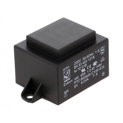 BV EI 422 1218; Transformer: encapsulated; 6VA; 230VAC; 6V; 1000mA; Mounting: PCB; HAHN