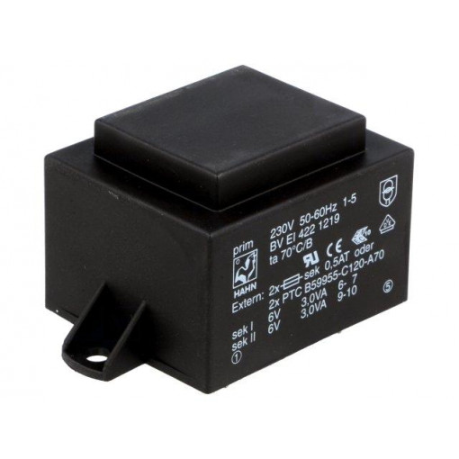 BV EI 422 1219; Transformer: encapsulated; 6VA; 230VAC; 6V; 6V; 500mA; 500mA; 200g; HAHN