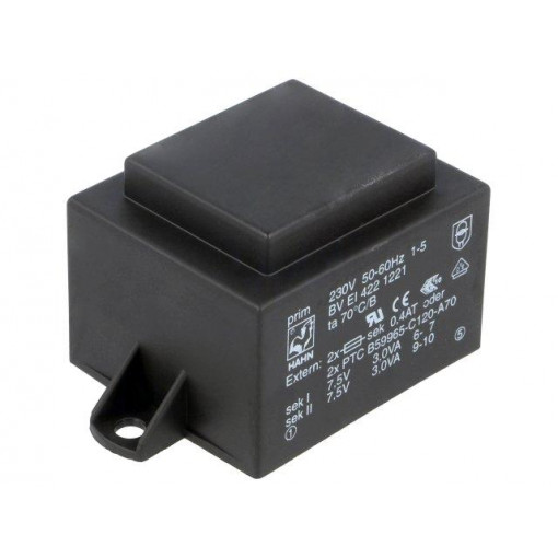 BV EI 422 1221; Transformer: encapsulated; 6VA; 230VAC; 7.5V; 7.5V; 400mA; 400mA; HAHN