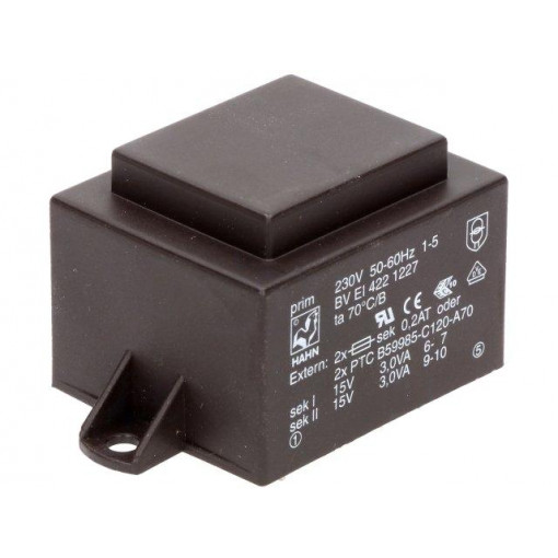 BV EI 422 1227; Transformer: encapsulated; 6VA; 230VAC; 15V; 15V; 200mA; 200mA; 200g; HAHN