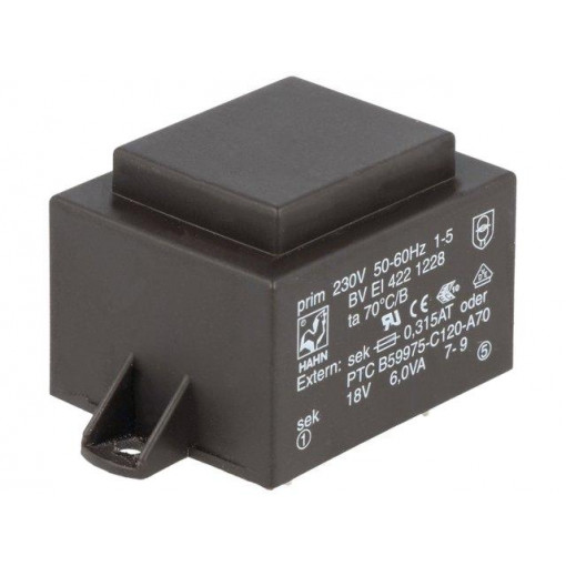 BV EI 422 1228; Transformer: encapsulated; 6VA; 230VAC; 18V; 334mA; Mounting: PCB; HAHN