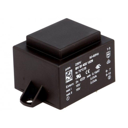 BV EI 422 1229; Transformer: encapsulated; 6VA; 230VAC; 18V; 18V; 167mA; 167mA; 200g; HAHN