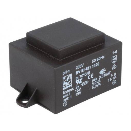 BV EI 481 1120; Transformer: encapsulated; 10VA; 230VAC; 15V; 15V; 333mA; 333mA; HAHN