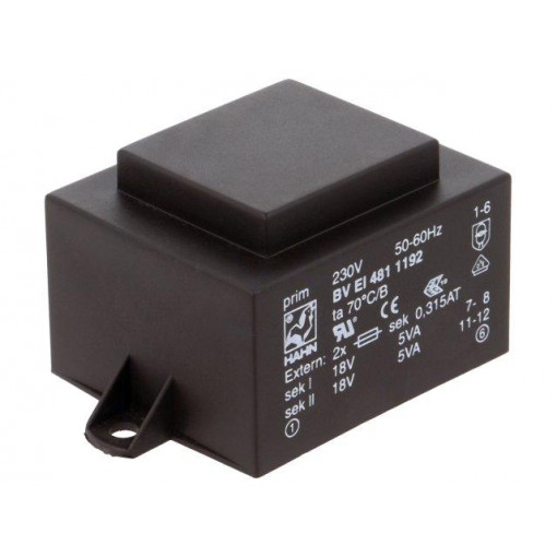 BV EI 481 1192; Transformer: encapsulated; 10VA; 230VAC; 18V; 18V; 278mA; 278mA; HAHN