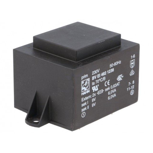 BV EI 482 1238; Transformer: encapsulated; 12VA; 230VAC; 9V; 9V; 667mA; 667mA; 350g; HAHN