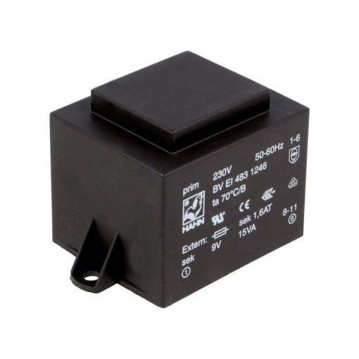 BV EI 483 1246; Transformer: encapsulated; 15VA; 230VAC; 9V; 1667mA; Mounting: PCB; HAHN
