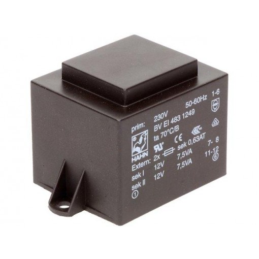 BV EI 483 1249; Transformer: encapsulated; 15VA; 230VAC; 12V; 12V; 625mA; 625mA; HAHN