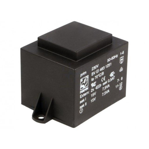 BV EI 483 1251; Transformer: encapsulated; 15VA; 230VAC; 15V; 15V; 500mA; 500mA; HAHN