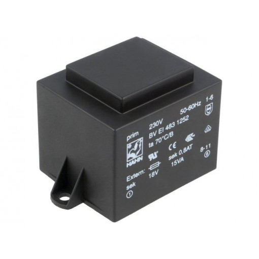 BV EI 483 1252; Transformer: encapsulated; 15VA; 230VAC; 18V; 833mA; Mounting: PCB; HAHN