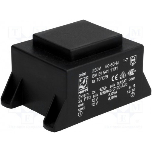 BV EI 541 1131; Transformer: encapsulated; 16VA; 230VAC; 12V; 12V; 667mA; 667mA; HAHN