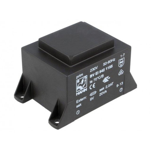BV EI 542 1155; Transformer: encapsulated; 20VA; 230VAC; 9V; 2223mA; Mounting: PCB; HAHN