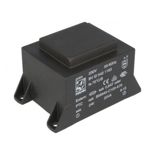 BV EI 542 1163; Transformer: encapsulated; 20VA; 230VAC; 24V; 834mA; Mounting: PCB; HAHN