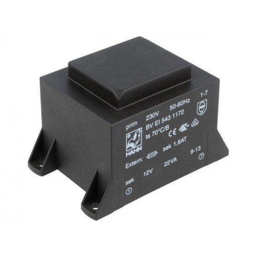 BV EI 543 1172; Transformer: encapsulated; 22VA; 230VAC; 12V; 1834mA; Mounting: PCB; HAHN
