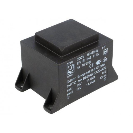 BV EI 543 1175; Transformer: encapsulated; 22VA; 230VAC; 15V; 15V; 734mA; 734mA; HAHN