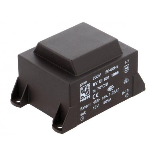 BV EI 601 1066; Transformer: encapsulated; 20VA; 230VAC; 18V; 1112mA; Mounting: PCB; HAHN