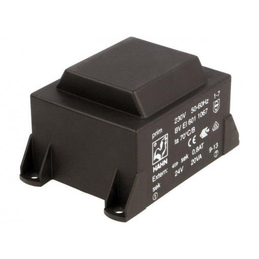 BV EI 601 1067; Transformer: encapsulated; 20VA; 230VAC; 24V; 834mA; Mounting: PCB; HAHN