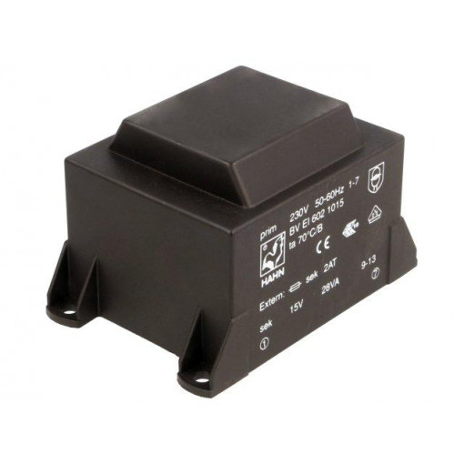 BV EI 602 1015; Transformer: encapsulated; 28VA; 230VAC; 15V; 1867mA; Mounting: PCB; HAHN