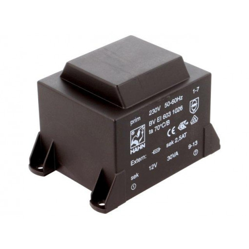 BV EI 603 1026; Transformer: encapsulated; 30VA; 230VAC; 12V; 2500mA; Mounting: PCB; HAHN