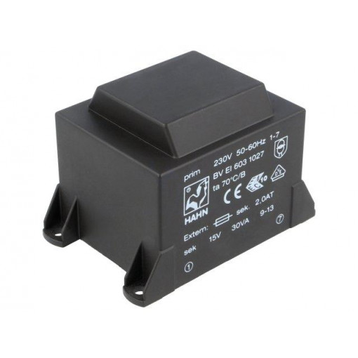 BV EI 603 1027; Transformer: encapsulated; 30VA; 230VAC; 15V; 2000mA; Mounting: PCB; HAHN