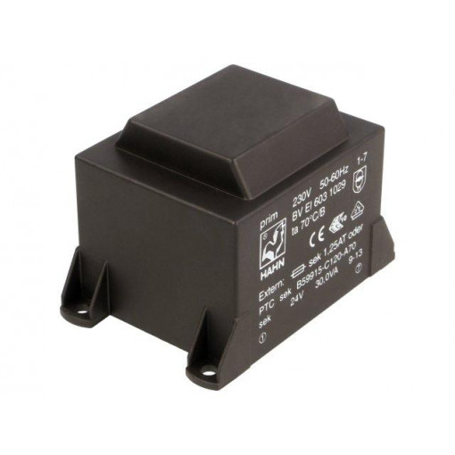 BV EI 603 1029; Transformer: encapsulated; 30VA; 230VAC; 24V; 1250mA; Mounting: PCB; HAHN