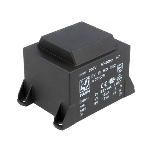 BV EI 603 1032; Transformer: encapsulated; 30VA; 230VAC; 9V; 9V; 1667mA; 1667mA; HAHN