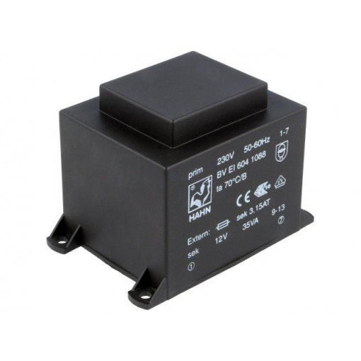 BV EI 604 1088; Transformer: encapsulated; 35VA; 230VAC; 12V; 2917mA; Mounting: PCB; HAHN