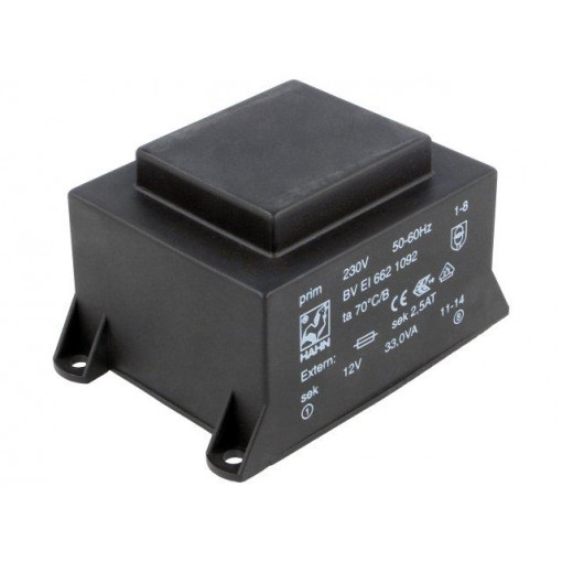 BV EI 662 1092; Transformer: encapsulated; 33VA; 230VAC; 12V; 2750mA; Mounting: PCB; HAHN