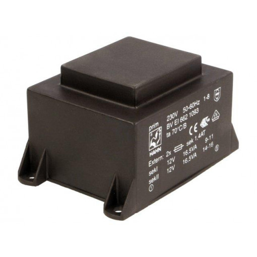 BV EI 662 1093; Transformer: encapsulated; 33VA; 230VAC; 12V; 12V; 1375mA; 1375mA; HAHN