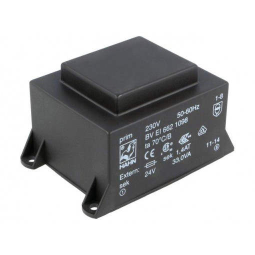 BV EI 662 1098; Transformer: encapsulated; 33VA; 230VAC; 24V; 1375mA; Mounting: PCB; HAHN