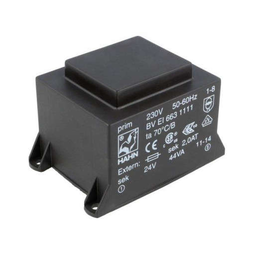 BV EI 663 1111; Transformer: encapsulated; 44VA; 230VAC; 24V; 1833mA; Mounting: PCB; HAHN