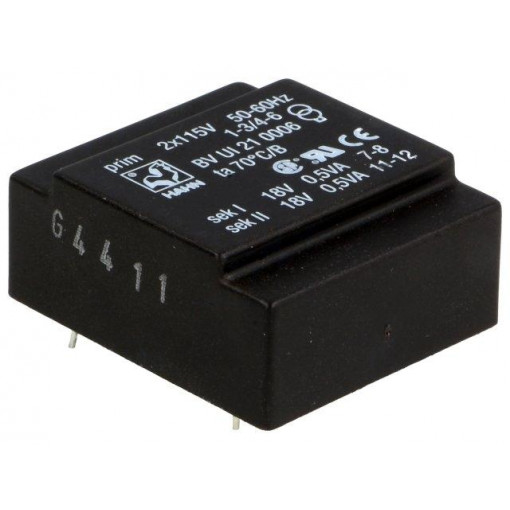 BV UI 21 0006; Transformer: encapsulated; 1VA; 115/115VAC; 18V; 18V; 27mA; 27mA; HAHN