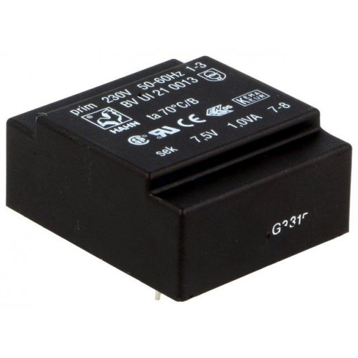 BV UI 21 0013; Transformer: encapsulated; 1VA; 230VAC; 7.5V; 133mA; Mounting: PCB; HAHN