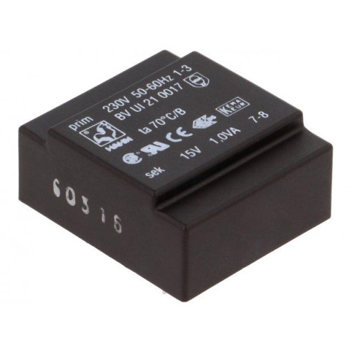 BV UI 21 0017; Transformer: encapsulated; 1VA; 230VAC; 15V; 67mA; Mounting: PCB; HAHN