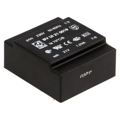 BV UI 21 0019; Transformer: encapsulated; 1VA; 230VAC; 21V; 47mA; Mounting: PCB; HAHN