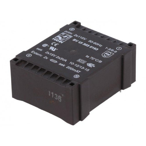 BV UI 303 0163; Transformer: encapsulated; 6VA; 115/115VAC; 15V; 15V; 200mA; 200mA; HAHN