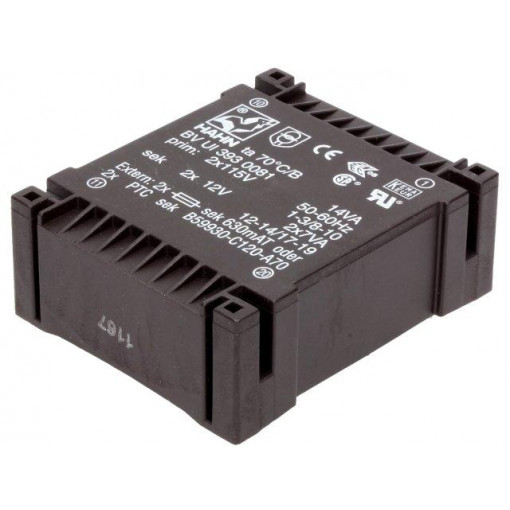 BV UI 393 0081; Transformer: encapsulated; 14VA; 115/115VAC; 12V; 12V; 583mA; 583mA; HAHN BV UI 393 0081; Transformer: encapsulated; 14VA; 115/115VAC; 12V; 12V; 583mA; 583mA; HAHN