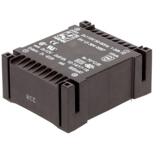 BV UI 394 0087; Transformer: encapsulated; 18VA; 115/115VAC; 12V; 12V; 750mA; 750mA; HAHN