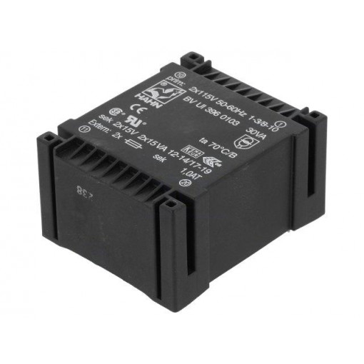 BV UI 396 0103; Transformer: encapsulated; 30VA; 115/115VAC; 15V; 15V; 1000mA; 550g; HAHN