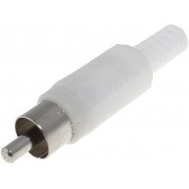 ; Plug; RCA; male; with strain relief; straight; soldering; white; 