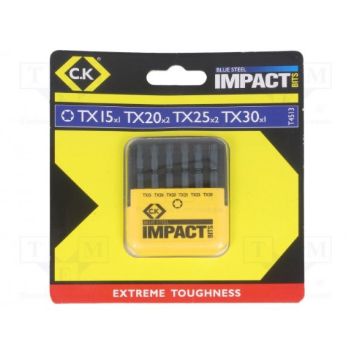 T4513; Kit: screwdriver bits; Pcs: 6; Torx®; 50mm; Size: TX20,TX25,TX30; C.K