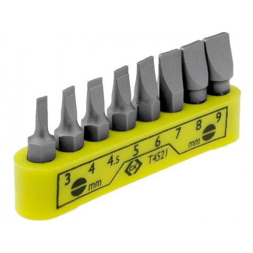 T4521; Kit: screwdriver bits; Pcs: 8; slot; 30mm; Mounting: 1/4